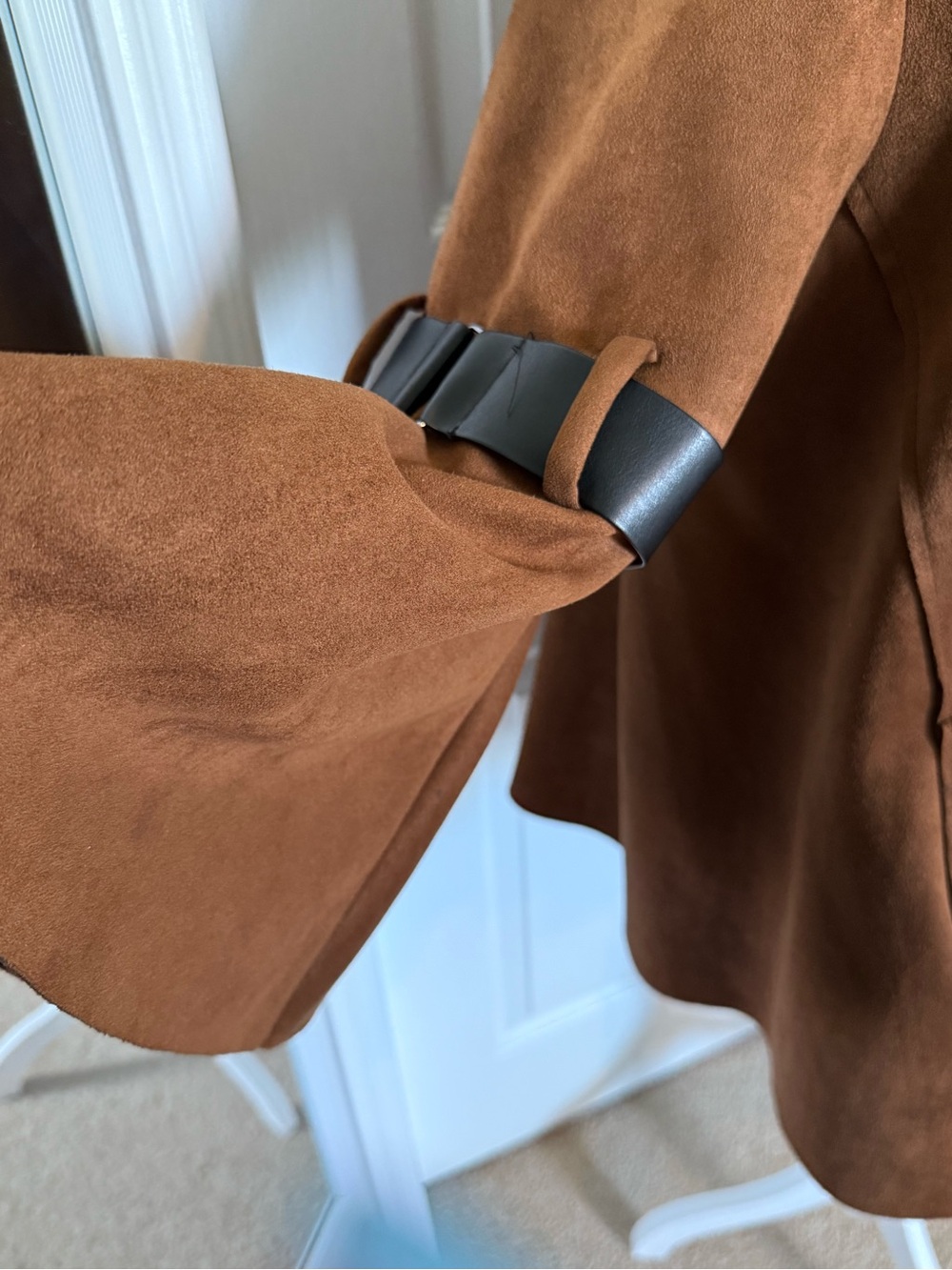Joseph Ribkoff Chestnut Brown Suede Zip-Front Cape Jacket with Bell Sleeves - Picture 5 of 7